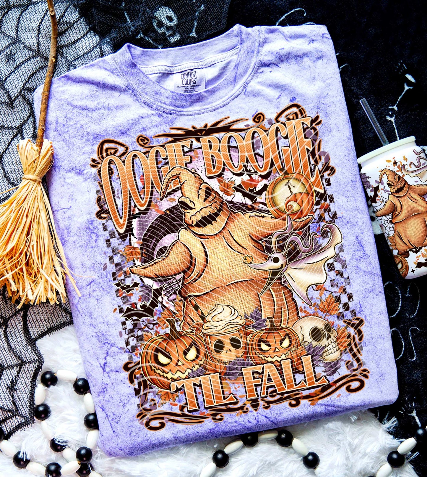 Oogie Boogie Til Fall Halloween DTF Transfer on purple shirt with spooky designs and pumpkins