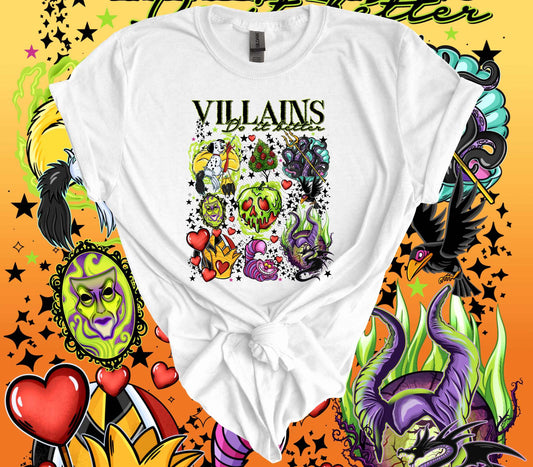 Halloween Villains Graphic Tee featuring classic horror characters in vibrant colors against a spooky themed background