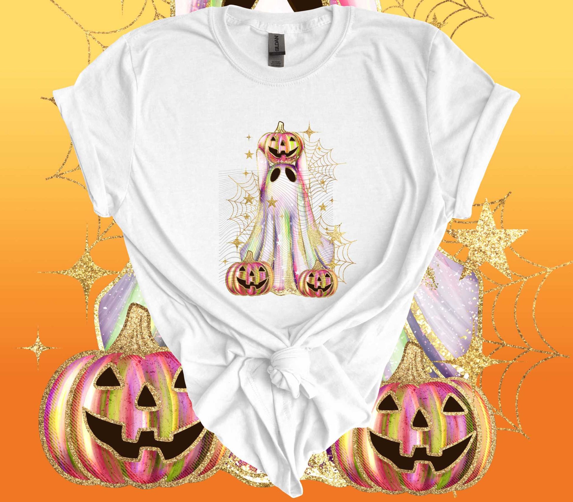 Shimmer Ghost with Jack o Lantern Halloween T-Shirt, perfect for spooky season with its enchanting design and cozy heavyweight fabric