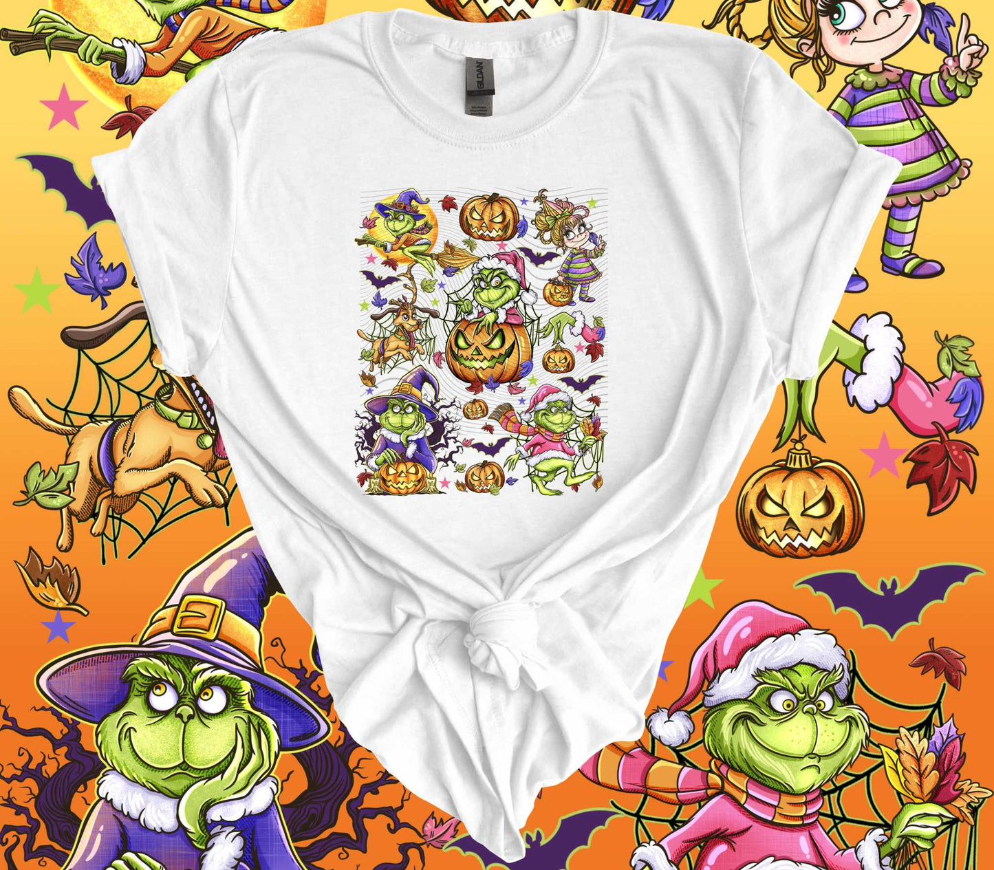 Spooky Green Guy Halloween T-Shirt with festive Grinch-inspired designs on white background, perfect for Halloween celebrations.