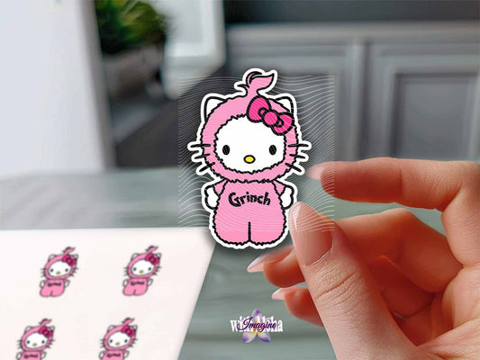 Adorable Pink Grinch Kitty Vinyl Sticker - Water-Resistant & Durable - Imagine With Aloha