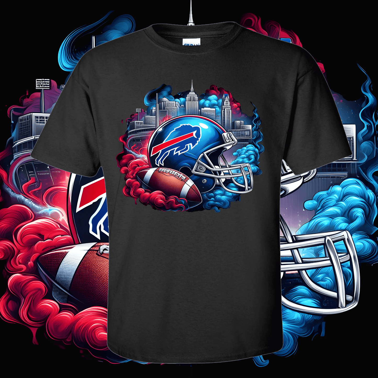 Black Football Helmet T-Shirt with Colorful Team Helmet Design and Cityscape Background