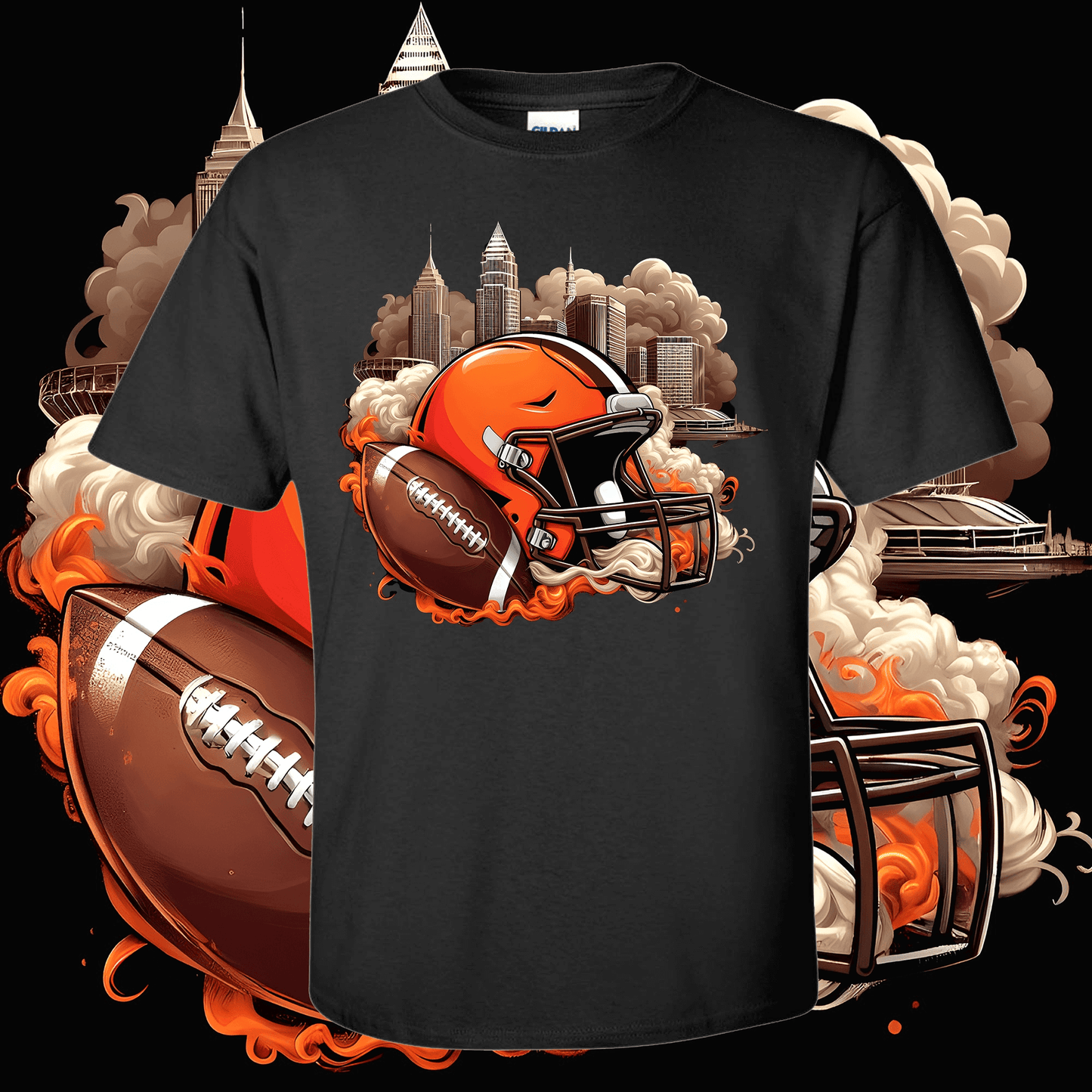 Football Helmet T-Shirt with team helmet design, 100% US Cotton, classic fit, surrounded by football and cityscape graphics