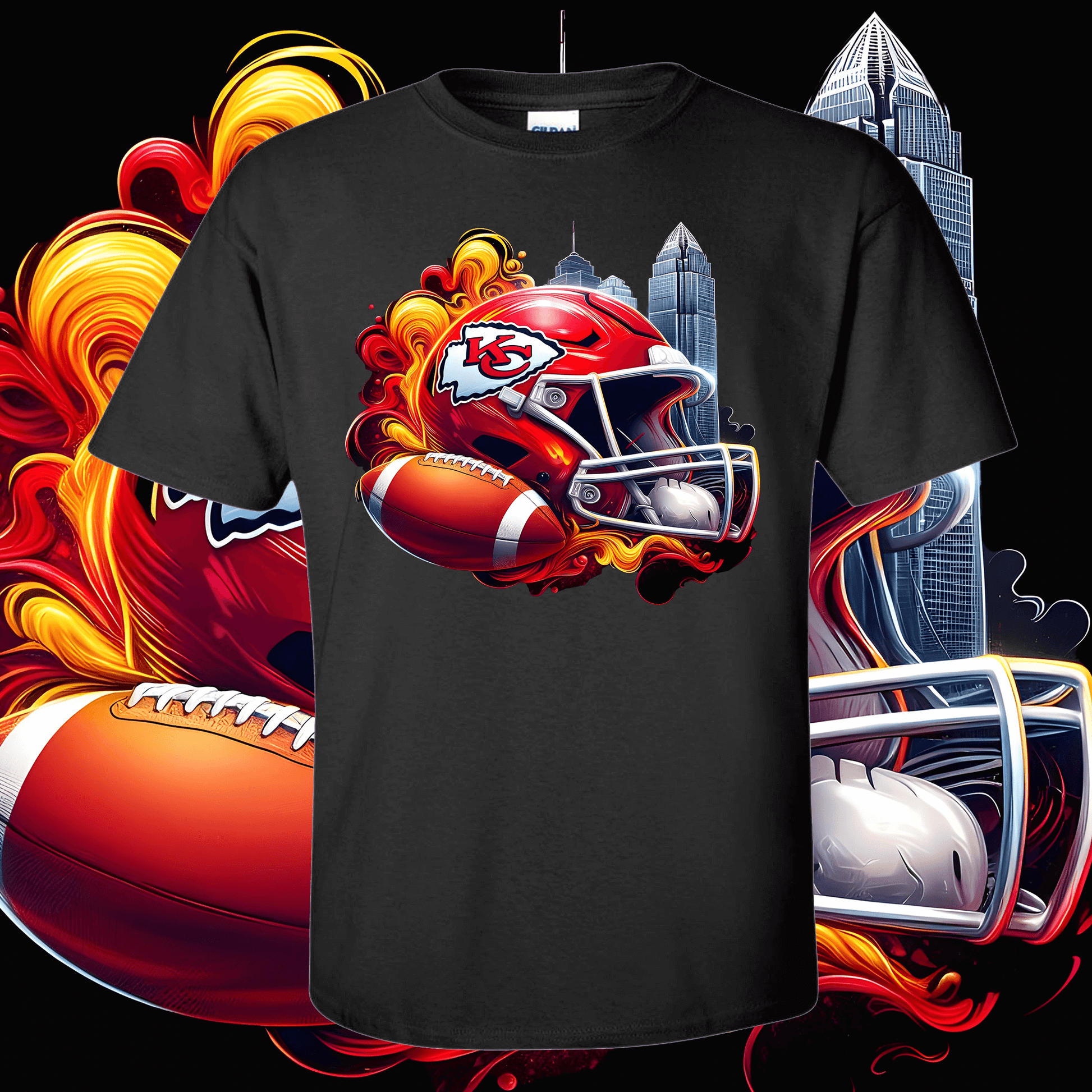 Black T-shirt featuring a vibrant football helmet design with a cityscape and fiery background