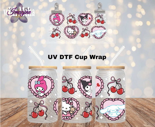 Coquette Heart UV DTF Cup Wrap – Cute 16oz Glass Wrap with Cherries and Bows - Imagine With Aloha