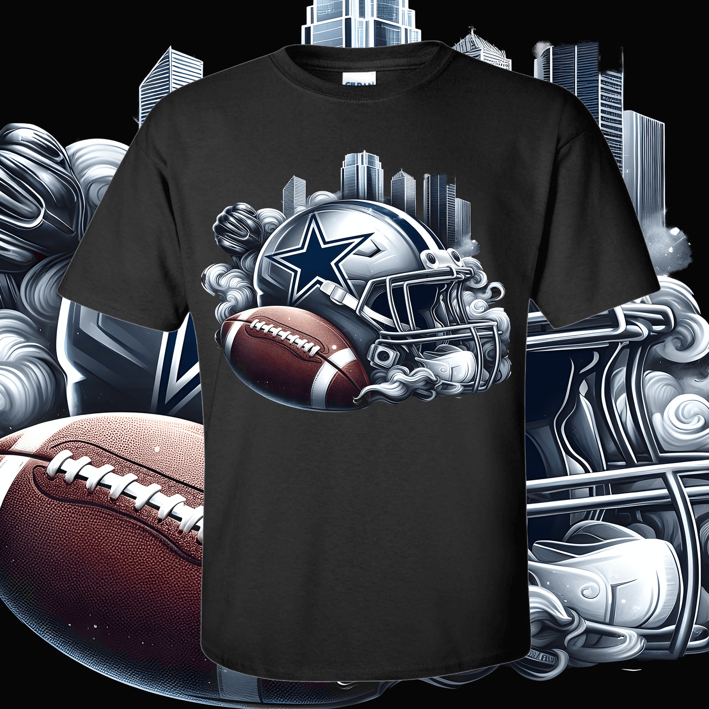 Football Helmet T-Shirt featuring a team helmet and football, 100% Cotton, classic fit, double-needle hem, sustainable US Cotton.