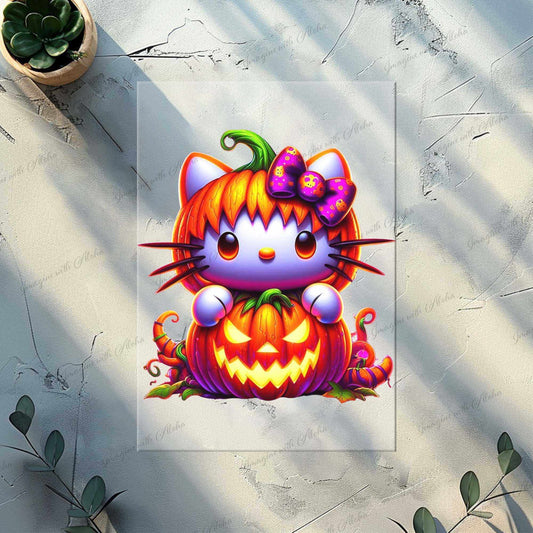 Cute Hello Kitty Halloween Pumpkin Ready to Press Heat Transfer, DTF Transfer - Imagine With Aloha