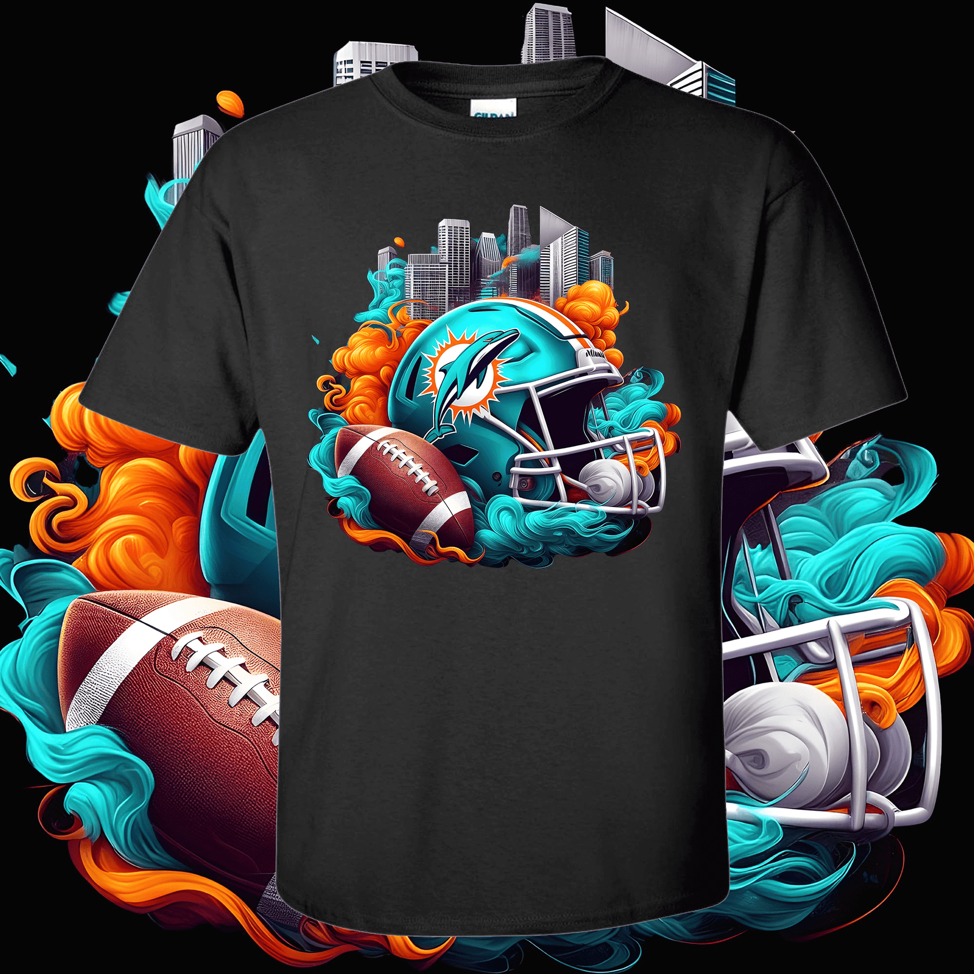 Black Football Helmet T-Shirt featuring city skyline and colorful flames design.