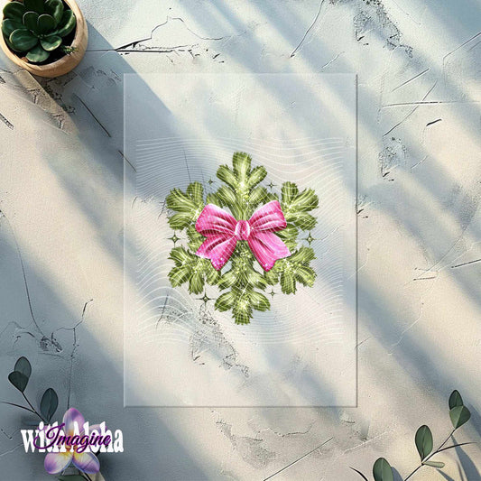 Green Snowflake with Pink Bow DTF Transfer – Festive Holiday Design for DIY Apparel - Imagine With Aloha