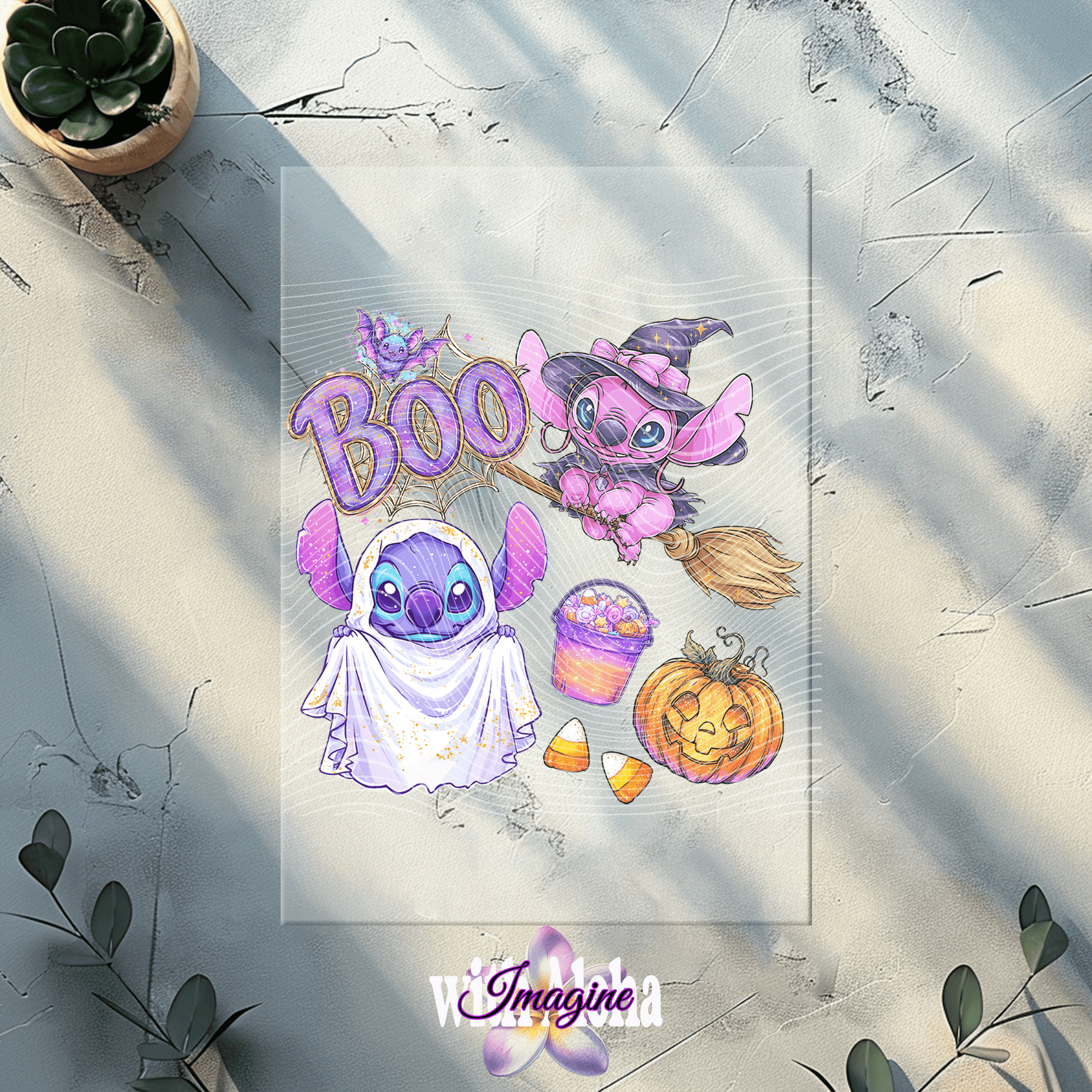 Halloween Stitch “Boo” DTF Transfer – Cute Ghost & Witch Design - Imagine With Aloha