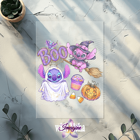 Halloween Stitch “Boo” DTF Transfer – Cute Ghost & Witch Design - Imagine With Aloha