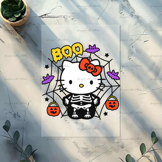 Hello Kitty Skeleton Halloween Ready to Press Heat Transfer, DTF Transfer - Imagine With Aloha