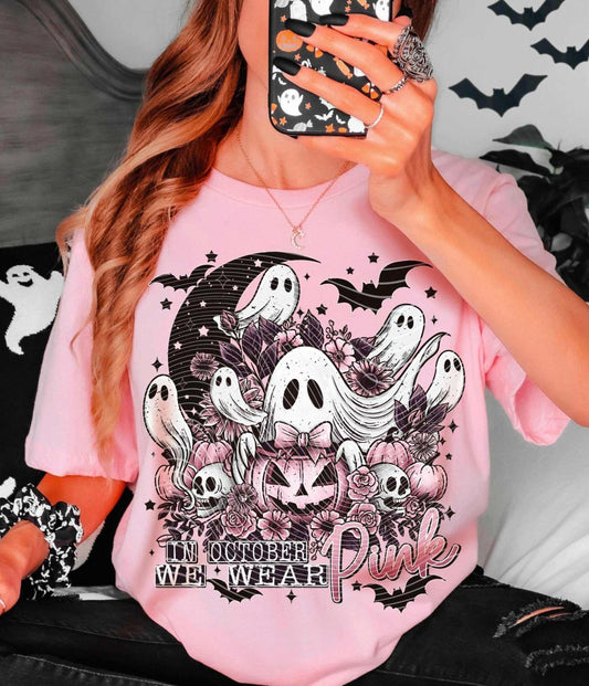 "In October We Wear Pink" Ghost & Pumpkin Halloween T-Shirt - Imagine With Aloha