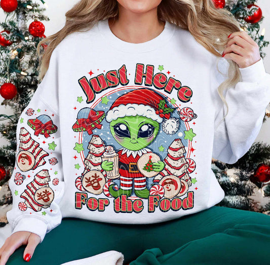 Just Here for the Food" Christmas Alien Sweatshirt | Fun Holiday Crewneck for Cozy Style - Imagine With Aloha