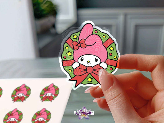 Kawaii Bunny Holiday Wreath Sticker - Imagine With Aloha