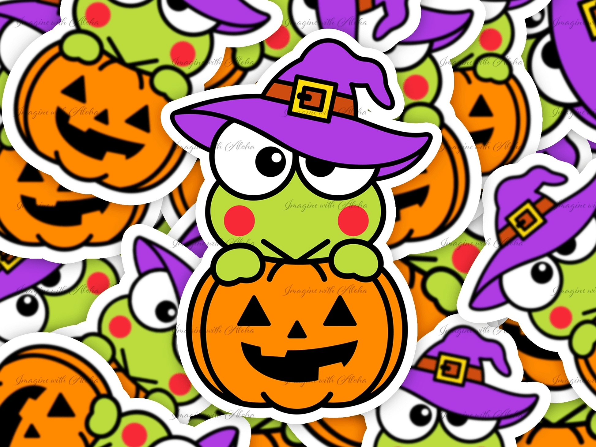 Keroppi Halloween Pumpkin Sticker featuring Keroppi in a purple witch hat with a jack-o'-lantern, waterproof and perfect for decorating