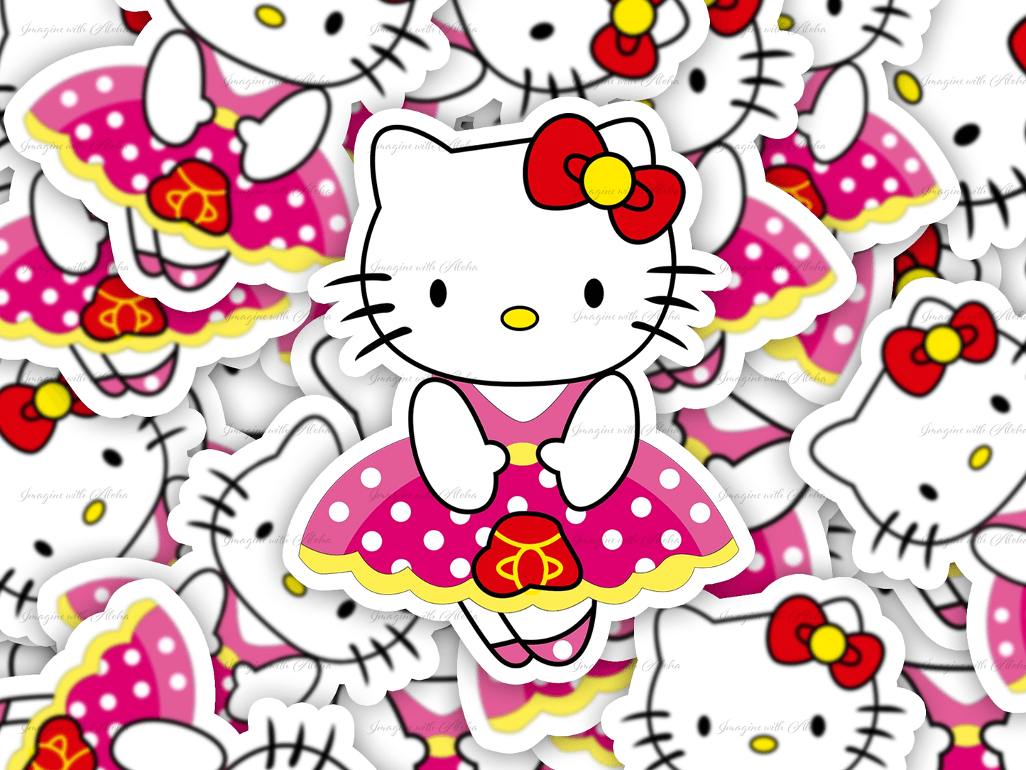 Pretty in Pink Hello Kitty stickers with pink polka dot dresses and red bows, perfect for creative projects and decorations