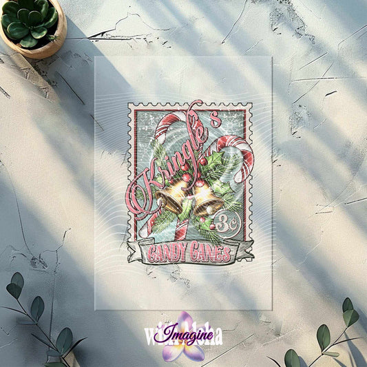 Kringle’s Candy Cane DTF Transfer – Vintage Christmas Stamp Design - Imagine With Aloha