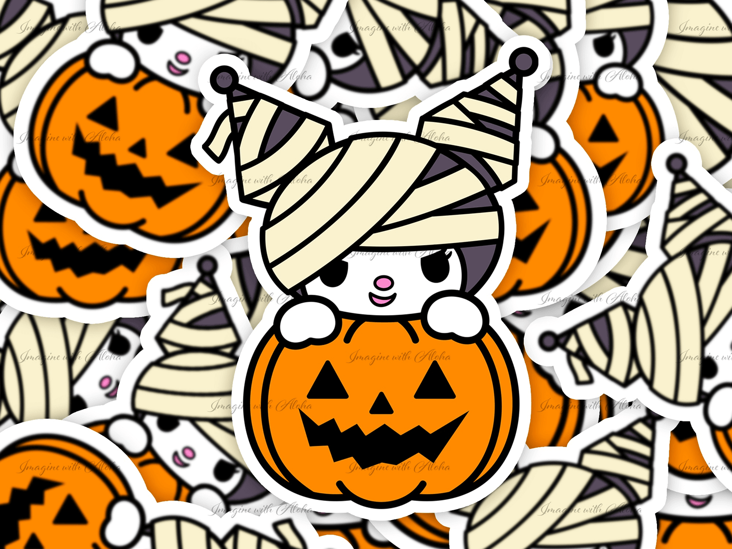 Kuromi Halloween Pumpkin Sticker featuring a mummy design in vibrant orange and black colors stacked closely together