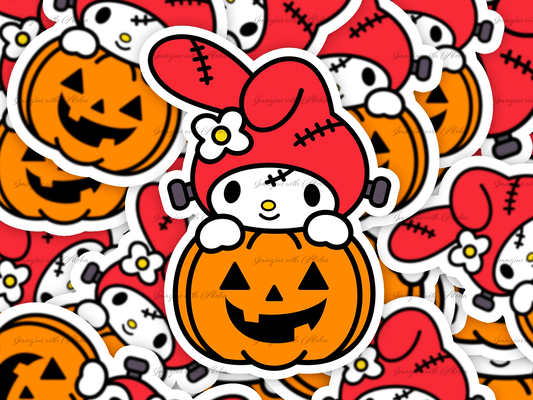 My Melody Halloween Pumpkin stickers with easy-peel design, perfect for indoor and outdoor use, available in 2 or 3-inch sizes.