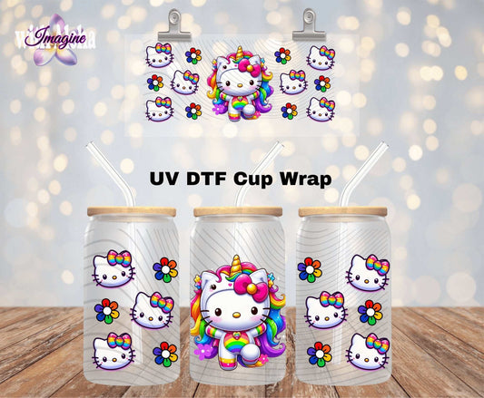 Rainbow Unicorn Kitty UV DTF Cup Wrap – Cute and Colorful 16oz Glass Wrap - Imagine With Aloha