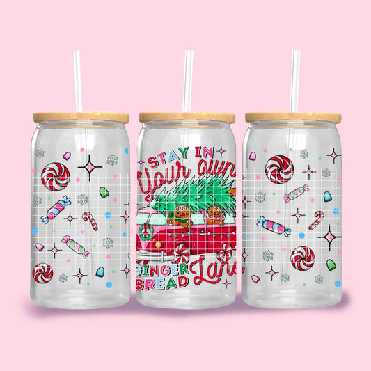 Stay in Your Own Gingerbread Lane - 16 oz Glass Can with Bamboo Lid and Straw | Holiday Themed Glass Tumbler - Imagine With Aloha