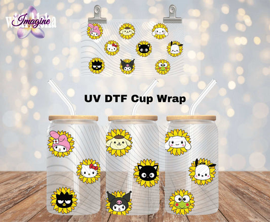 Sunflower Friends UV DTF Cup Wrap – Cute 16oz Glass Wrap with Sunflower Characters - Imagine With Aloha