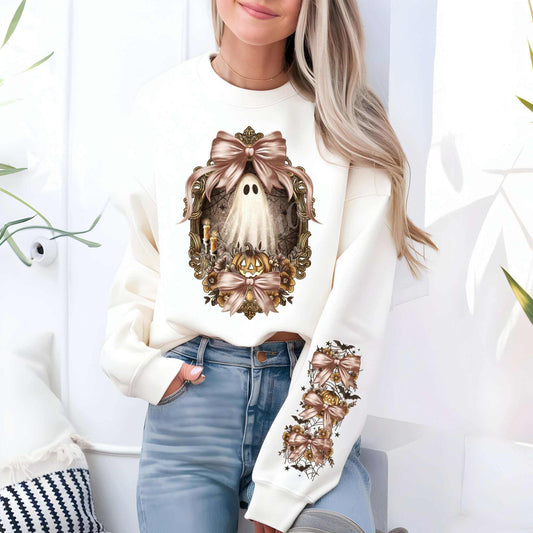 Woman wearing Vintage Ghost 2 Sweatshirt with autumn-themed ghost design, perfect for a cozy, stylish autumn season.